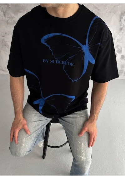 Modi Unisex Bisiklet Yaka Baskılı Oversize T-shirt - Siyah - Mymg180610