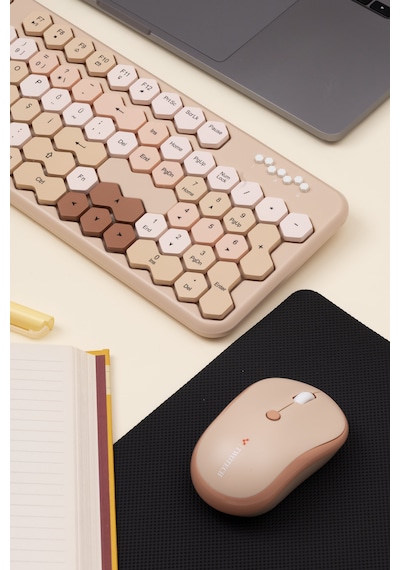 Petek Görünümlü Kablosuz Renkli Klavye Mouse Seti - Retro, Sessiz, Q Türkçe Dizayn Lazer