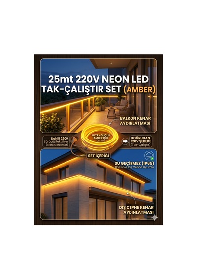 25 Metre Amber 220v Neon Led Şerit ,tak Çalıştır Set, Fişli Esnek Şerit Led, ,turuncu Led,mutfak,tezgah Ledi, Neon Led Şerit Işık ,ambiyans Işık Havuzu, Balkon, Teras Ve Ev İçin Dekoratif Led