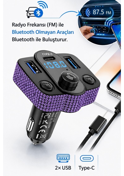 Araç İçi Mor-lila Kristal Taşlı Fm Transmitter Bluetooth Usb Type-c Oto Çakmaklık