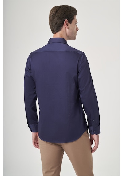 İmza Lacivert Sert Yaka Uzun Kol Cepsiz Saten Slim Fit %100 Pamuk Gömlek 1004260424