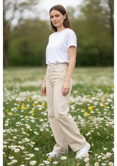 Woddi Nova Kadın Yüksek Bel Krem Salaş Jeans Wide Leg Geniş Paça Palazzo Kot Pantolon