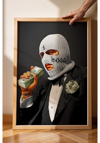 Modern Kar Maskeli Boss Ve Dolar Temalı Çerçeveli Tablo Home-office Çalışma Alanları Dekoru Modifiye Sanat