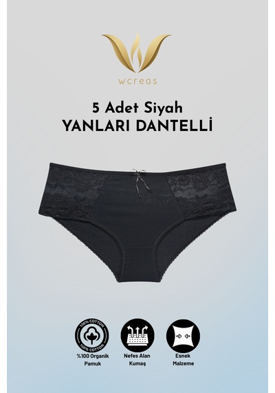 Wcreas Yanları Dantelli Pamuklu Kadın Bato Külot, 5'li Paket Pamuklu Yumuşak Kumaş Dantelli Külot Siyah Wcreas Yanları Dantelli Pamuklu Kadın Bato Külot, 5'li Paket Pamuklu Yumuşak Kumaş Dantelli Külot Siyah