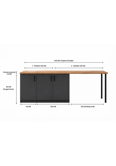 Bal Mutfak Adası - 3 Kapaklı-çok Amaçlı Dolap-alt Modül-kiler - 250 Cm Antrasit