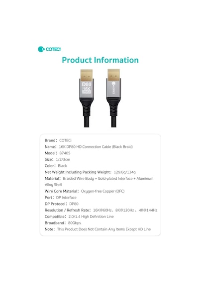 Displayport To Displayport Kablo 2 Metre - 16k 60hz / 8k 120hz Uhbr20 80gbps Görüntü Aktarım Kablosu