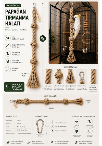 Büyük Irk Papağan Tırmanma Halatı 90 Cm Çap 30 Mm %100 Doğal Kafes Oyuncağı Stres İpi Jüt Halat Macaw Kakadu Jako Amazon Eklektus