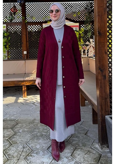 Rabia Şamlı Dama Desenli Triko Hırka Bordo Çok Renkli