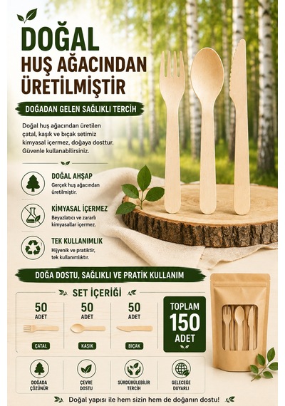 150'li Ekolojik Tahta Çatal Kaşık Bıçak Seti 16 Cm Kullan At Davet Parti Organizasyon Seti
