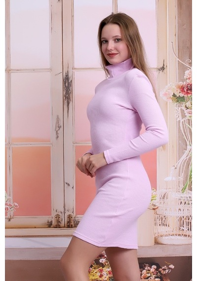 Self Clothing Kadın Pembe Balıkcı Yaka Petek Kumaş Elbise Slf1370 Pembe