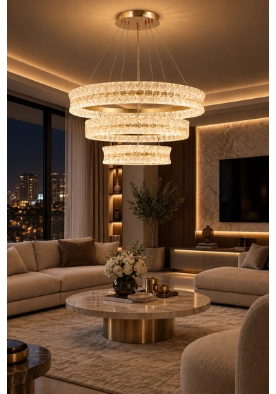 Modern Premıum Lüks Ledli Avize 3 Renkli Gold Sarkıt Salon Avizesi 416w Beyaz