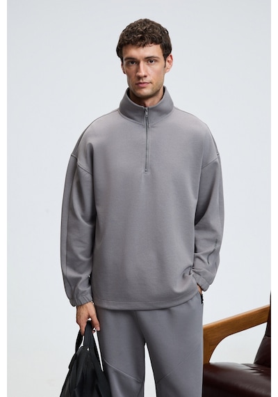 Grimelange EDISON Erkek Yarım Fermuarlı Kolu Baskılı Dik Yaka Koyu Gri Sweatshirt