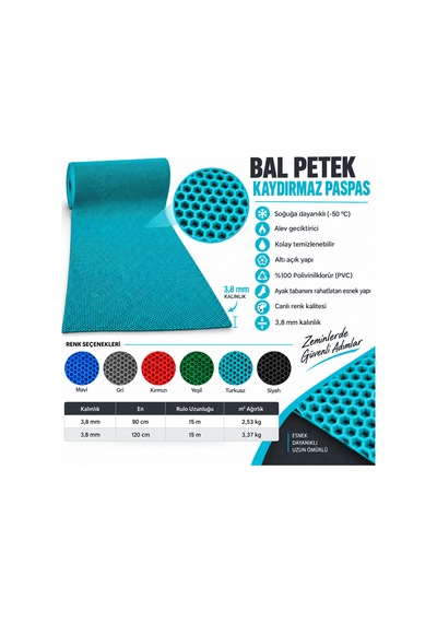 Hortumtech Bal Petek Paspas Kaydırmaz Pvc Islak Zemin Duş Havuz Su Tahliyesi 4 Mm - Turkuaz 120 X 180 Cm