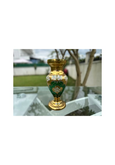 Bohemia Glass El Yapımı Zümrüt Yeşili Altın Varaklı Ve Çiçek Motifli Koleksiyonluk Kristal Vazo Altın Altın