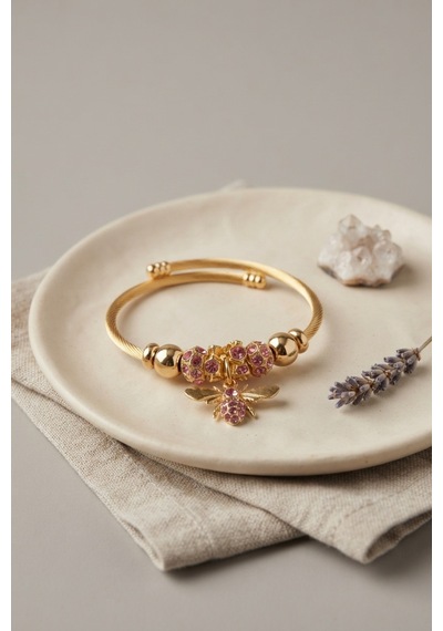 Pembe Arı Model Gold Renk Charm Bileklik Açık Mavi