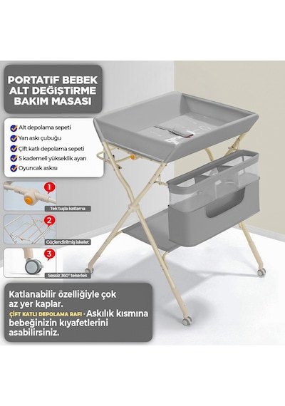 Portatif Bebek Alt Değiştirme Bakım Masası Sepetli Organizer Katlanabilir Taşınabilir İstasyon Tekerlekli Askılık Gri Portatif Bebek Alt Değiştirme Bakım Masası Sepetli Organizer Katlanabilir Taşınabilir İstasyon Tekerlekli Askılık Gri
