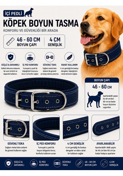 Köpek Boyun Tasması İçi Pedli 46-60 Cm 4 Cm Geniş Ayarlanabilir Metal Tokalı - Lacivert Çok Renkli