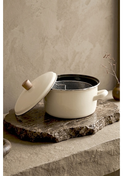 Terra Cook Ahşap Kulplu,paslanmaz Saplı Krem Süzgeçli Emaye Kızartma Tenceresi 22 Cm Krem