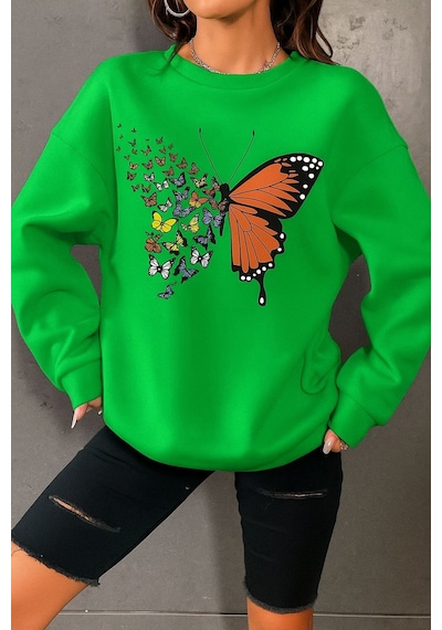 Benroma 3 İplik Penye Kelebek Baskılı Unisex Sweatshırt Yeşil