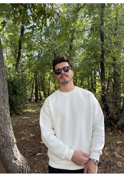 Erkek Oversize Bisiklet Yaka Geniş Kesim Sweatshirt Beyaz