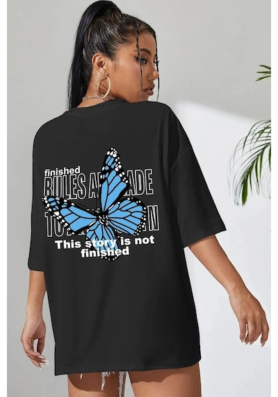 Startmore Unique----kelebek Baskılı Oversize Tişört Siyah