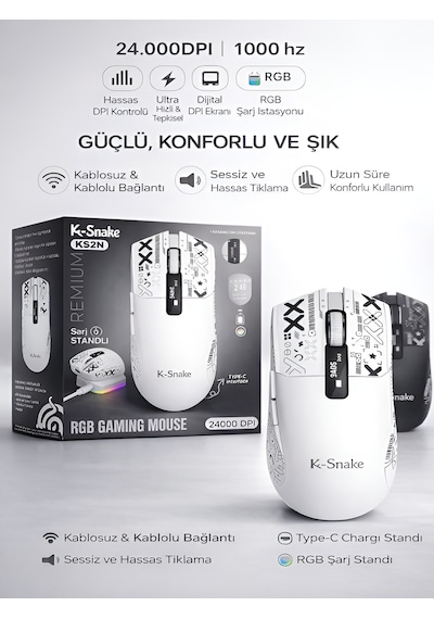 Kablosuz Oyuncu Mouse 24000 Dpı 1000hz Rgb Şarj İstasyonlu Dijital Göstergeli Gaming Mouse Beyaz
