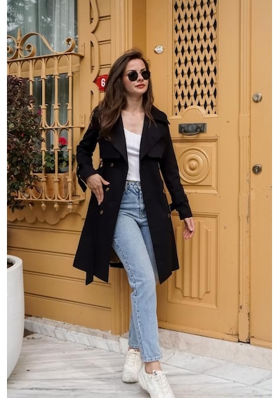 Pastelastore %100 Pamuk Gabardin Midi 95cm Astarlı Kemerli Kadın Trençkot 1113 Siyah