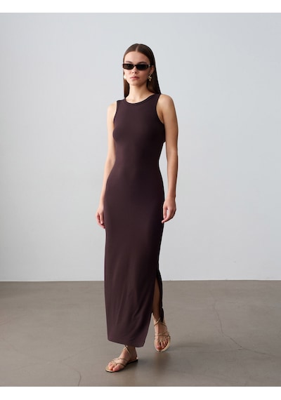 Dilvin 91652 Fitilli Midi Elbise-koyu Kahve
