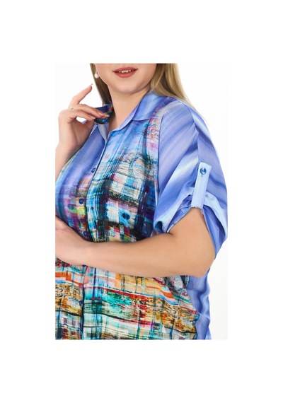 Lady Majestic Yarasa Kol %100 Viskon Rahatlığı Büyük Beden Kadın Renkli Desenli Gömlek Mavi Lady Majestic Yarasa Kol %100 Viskon Rahatlığı Büyük Beden Kadın Renkli Desenli Gömlek Mavi