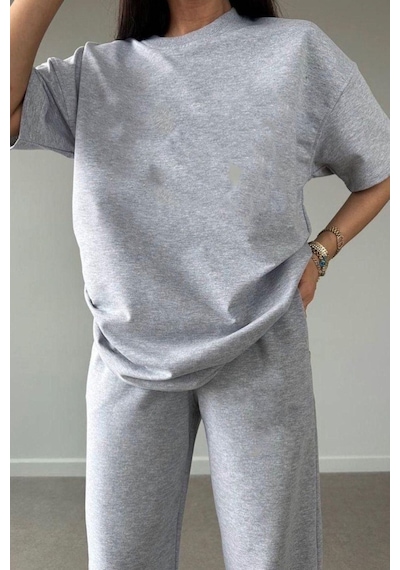 Basic T-shirt Eşofman Altı Gri Düz Alt Üst Eşofman Takımı Oversize Bisiklet Yaka Gri