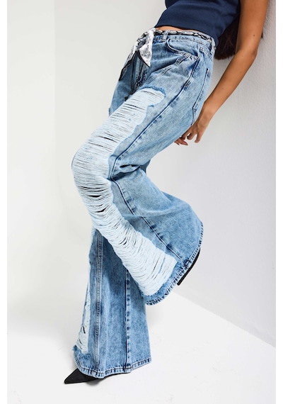 it's basic Kadın Mavi Flare Fit Altı Beslemeli Yırtık Ve Fular Detaylı Tasarım Denim Jean