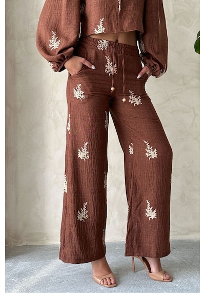 Verymoda Nakış Detaylı Keten Pantolon F1712 Kahve