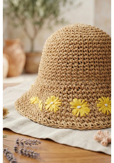 Mollycrush Kadın Hasır Papatya Desenli Yazlık Plaj Şapkası Ayarlanabilir Bağcıklı Retro Bucket Hasır
