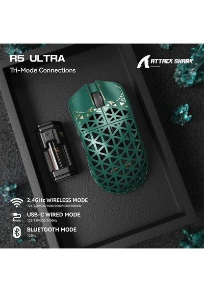 R5 Ultra Karbon Fiber Hyperspeed Kablosuz Gaming Mouse 39g Süper Hafif, Paw3950max Sensör, 42000 Dpı, 8000hz Kablosuz Polling, Bt/2.4g/kablolu Usb-c, Windows/mac Uyumlu Green