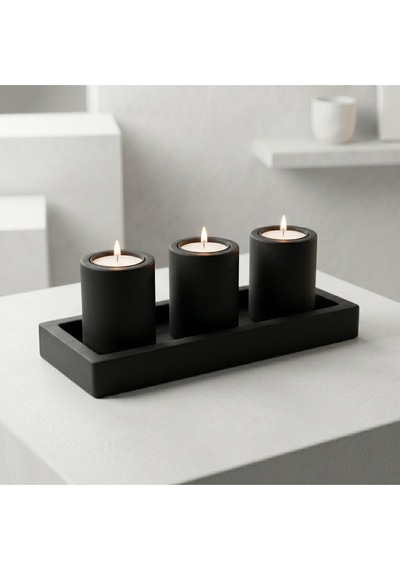 Mat Karbon Siyah Dekoratif 4lü Beton Tabaklı Mumluk Seti 3 Adet Tealight Mum Dahil Çok Renkli