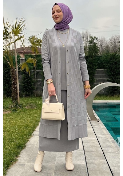 Rabia Şamlı Dama Desenli Gri Triko Hırka Çok Renkli