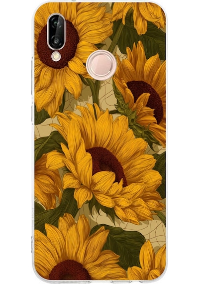 Huawei P20 Lite Uyumlu Altın Sarısı Ayçiçeği Bahçesi Baskılı Silikon Kılıf Renkli