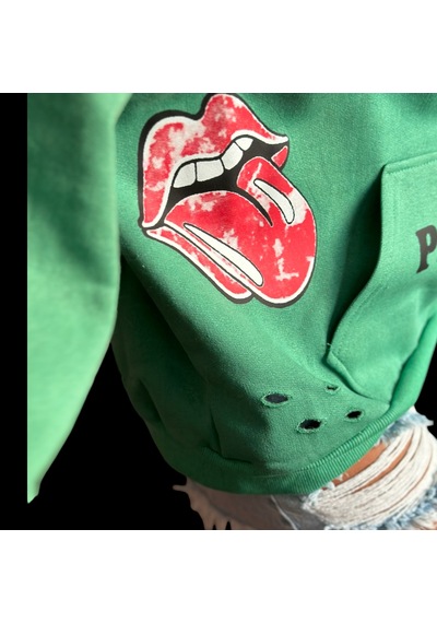 Yeşil Renk Üzeri Kırmızı Dil Desen Yazı Baskılı Oversize Sweatshirt Yeşil