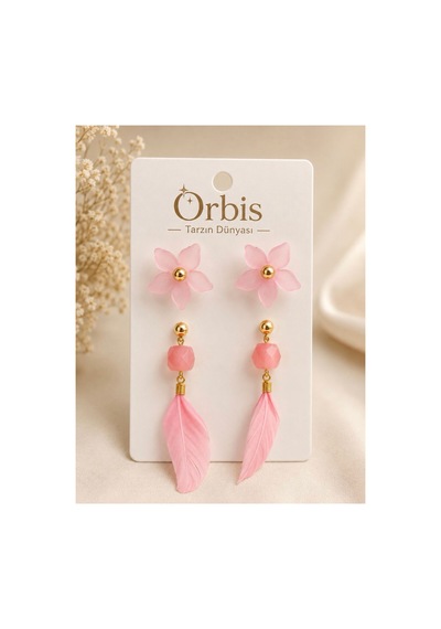 Pembe Çiçekli Tüylü Sallantılı Küpe Pembe Pembe