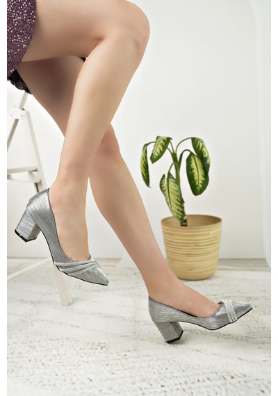 Nesilshoes Nesil Shoes Özma 7008 Platin Simli Topuklu Kadın Stiletto