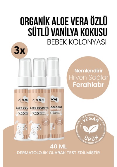 Hassas Ciltlere Özel Organik Aloe Vera Özlü Süt ve Vanilya Kokulu Soft Vanilla Milk Bebek Kolonyası 3'lü Çanta Boyu Paketi