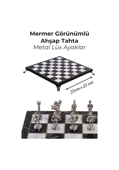 Mc42 Antik Roma Metal Satranç Takımı - Mermer Desenli 25cm Tahta El Yapımı Taşlar