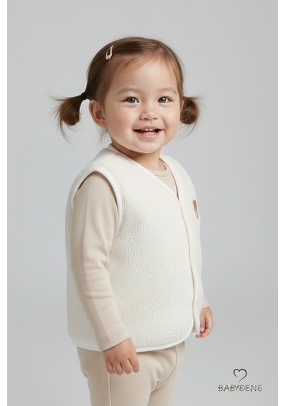 Babyden's Welsoft Kız Bebek Çocuk Çıtçıtlı Yelek Yumuşak Dokulu,ayıcık Armalı,peluş Bebek Yeleği Ekru