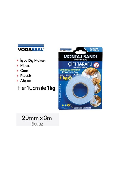 Vodaseal Çift Taraflı Köpük Montaj Bandı Beyaz 20 MM 3m