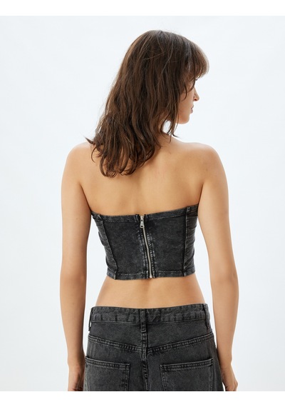 Koton Crop Straplez Büstiyer Soluk Efektli Pamuklu Slim Fit Antrasit 4sak10924ek