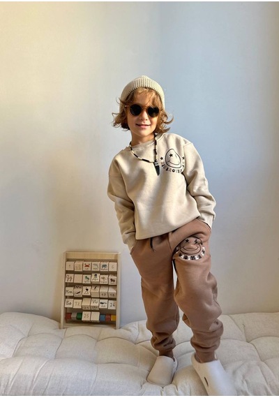 Jolly Kids Erkek Çocuk Smile Yüz Baskılı Sweatshirt Takım Kahverengi