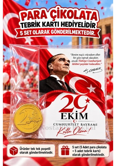 5 Adet 29 Ekim Cumhuriyet Bayramı Para Çikolata Tebrik Kartı Hediye Seti