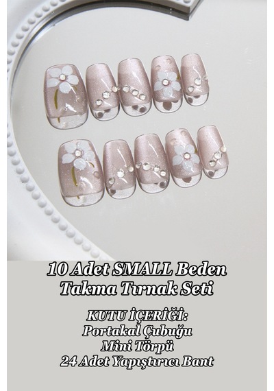 Small Beden Çiçek Desenli Kısa Küt 10 Adet Takma Tırnak Seti T050 Çiçek Ve Elmas