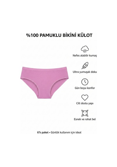 6Lı Kadın Bikini Külot Pamuklu Renkli Iç Çamaşırı Nefes Alan Doku