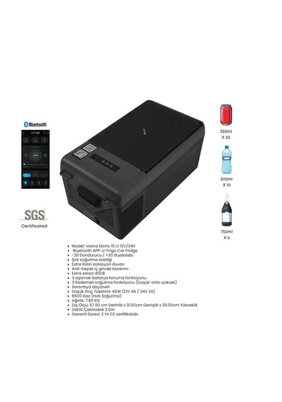 U-frigo Buzdolabı Vesna Mono 15lt 12v/24v Hacim 15 Lt Taşınabilir Ve Kompresörlü Çakmaklık Dolap 0.75 Mm